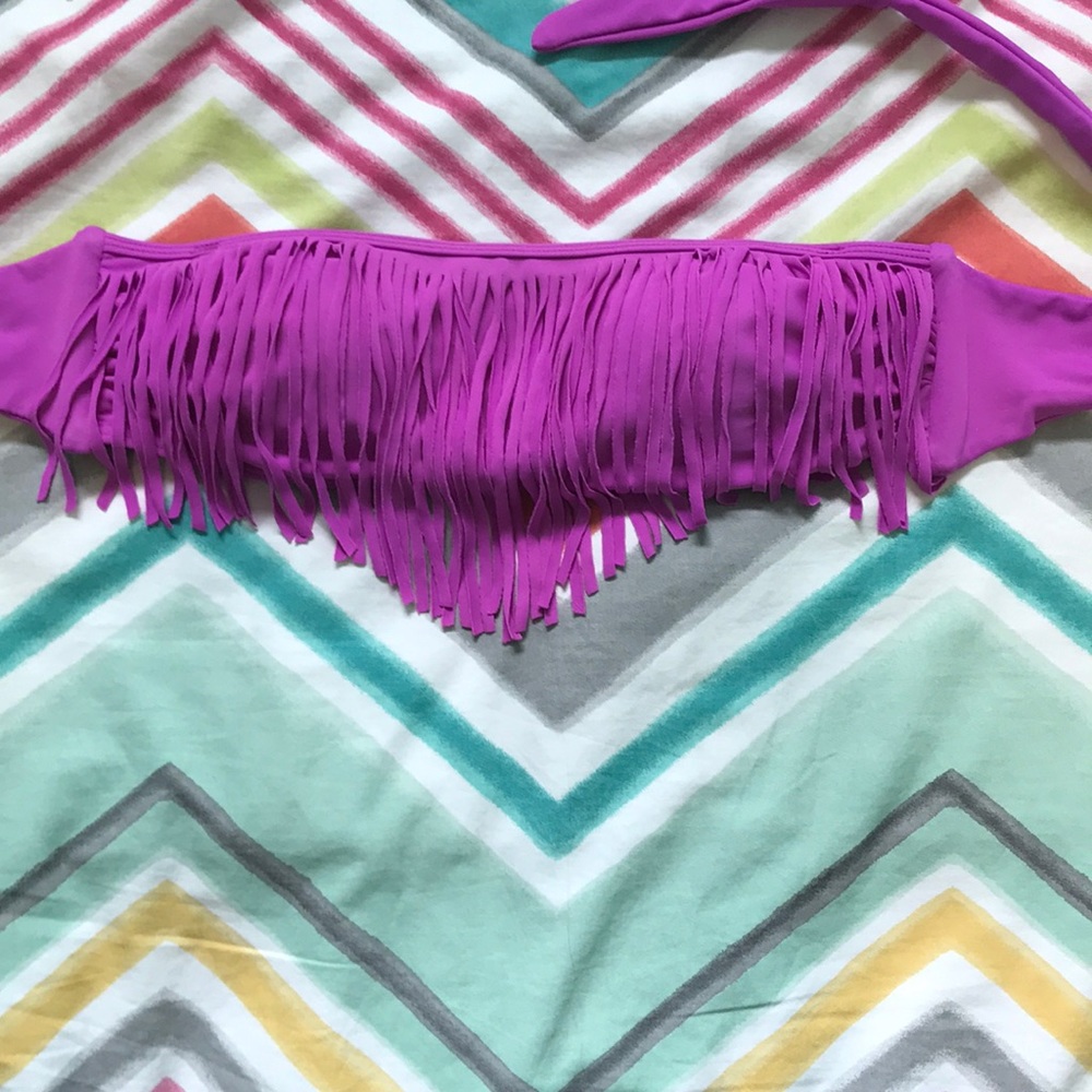 strapless violet fringed bathing suit